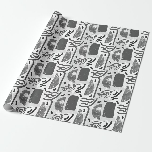 Papel De Presente Padrão de textura das folhas pretas e brancas (Desenrolado)