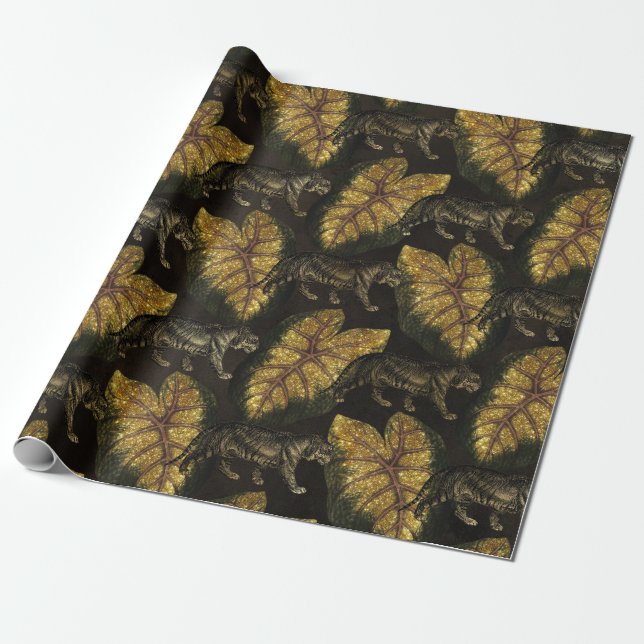 Papel De Presente Padrão de tigre da selva com brilho dourado (Desenrolado)