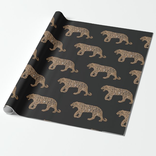 Papel De Presente Padrão de Tigre Dourado Glitter Negro Fashionista (Desenrolado)