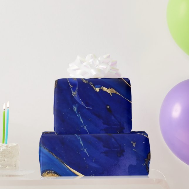 Papel De Presente Padrão de Tinta Alcoólica Azul Cobalto e Dourado E (Presentes para festas)