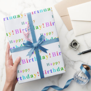 Papel De Presente Padrão de Tipografia de Feliz Aniversário em Cores