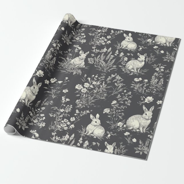 Papel De Presente Padrão de Toalete Botânico Coelho Preto Rústico (Desenrolado)