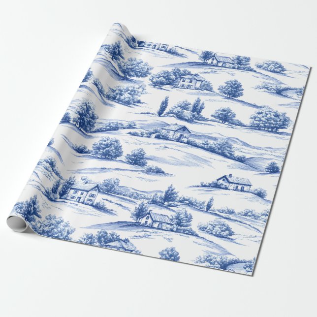 Papel De Presente Padrão de Toile Botânico Azul (Desenrolado)