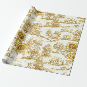 Papel De Presente Padrão de Toile Botânico de Girassol Dourado Vinta