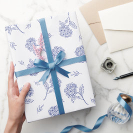 Papel De Presente Padrão de Toile Botânico de Hortênsia Azul e Branc