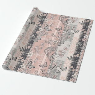 Papel De Presente Padrão de Toile de Borboleta Botânica Vintage (10)