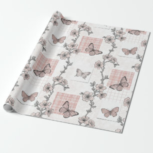 Papel De Presente Padrão de Toile de Borboleta Botânica Vintage (4)