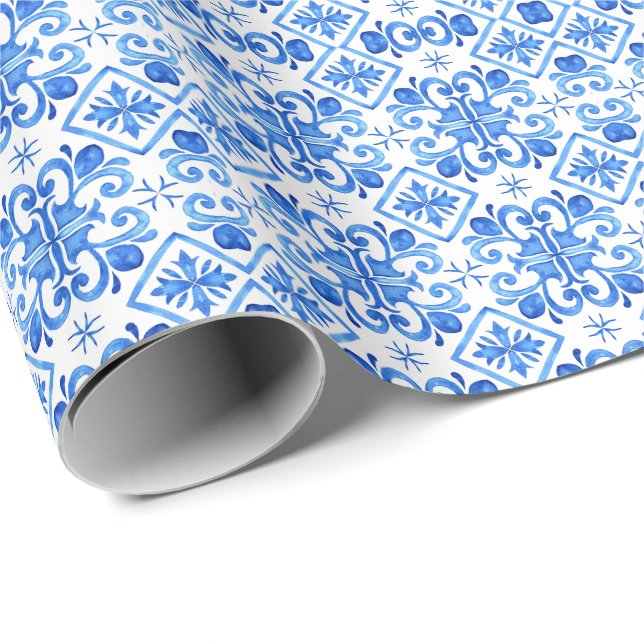 Papel De Presente Padrão de Toile Francês Azul (Ponta do rolo)
