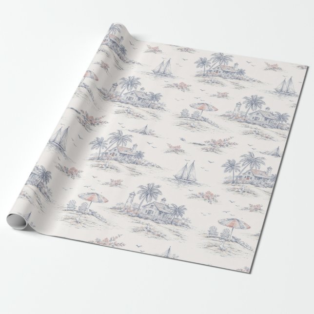 Papel De Presente Padrão de Toile Francês Tropical Costeiro Azul (Desenrolado)