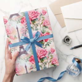 Papel De Presente Padrão de Torre Eiffel, Rosas Franceses Chic de Pa