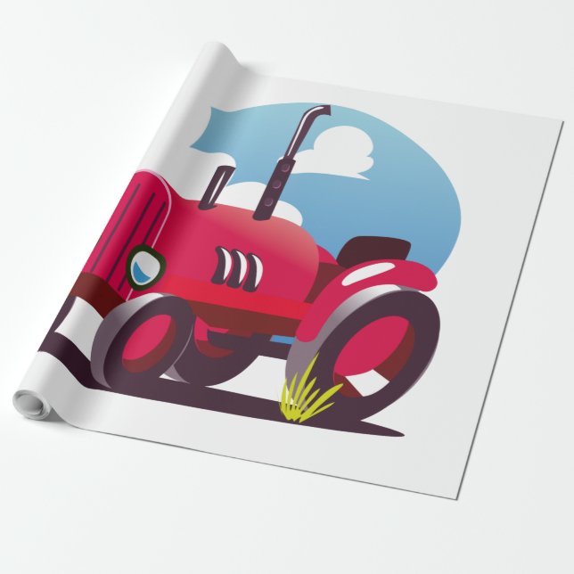 Papel De Presente Padrão de Trator (Fundo Azul) (Desenrolado)