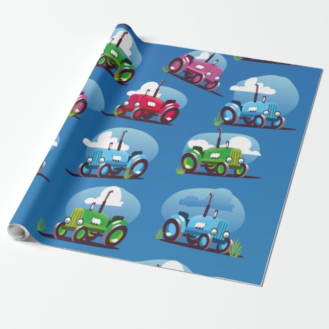Papel De Presente Padrão de Trator (Fundo Azul) (Desenrolado)