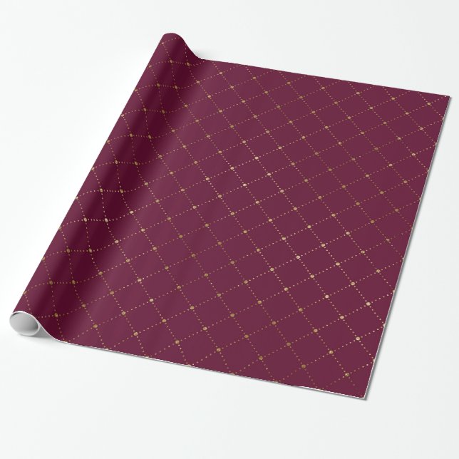 Papel De Presente Padrão de Treliça Burgundy e Dourado (Desenrolado)