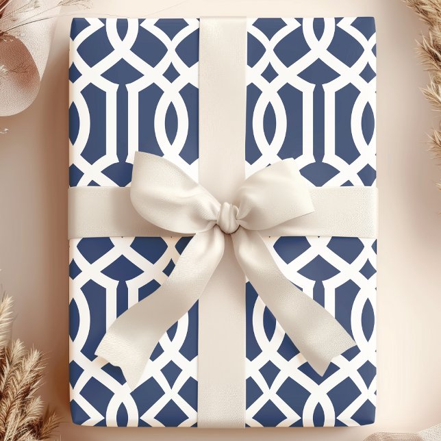 Papel De Presente Padrão de Treliça Marroquina Naval e Branco na Mod (Criador carregado)