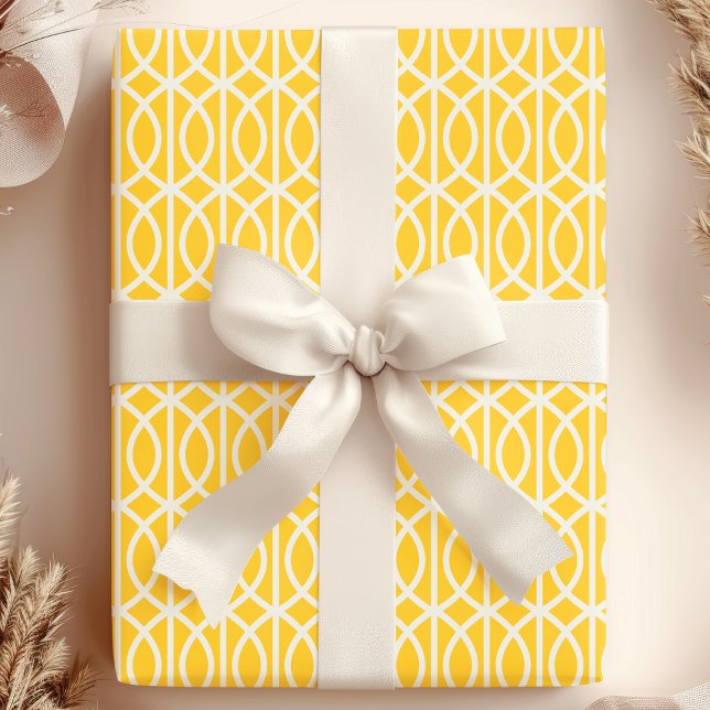 Papel De Presente Padrão de Treliça Marroquino Amarelo Branco Chic (Criador carregado)