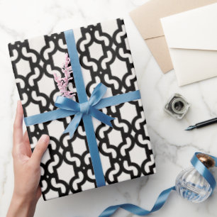 Papel De Presente Padrão de Treliça Quatrefoil Preto Marroquino Eleg