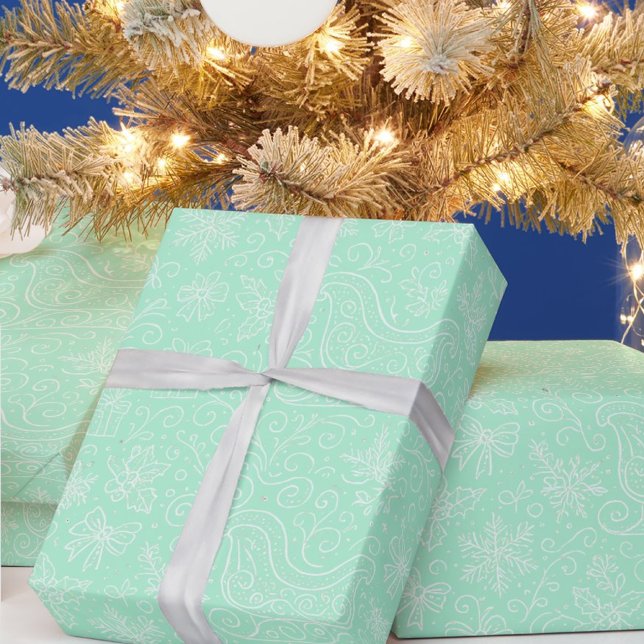 Papel De Presente Padrão de Trenó de Natal em Verde Menta com Desenh (Criador carregado)