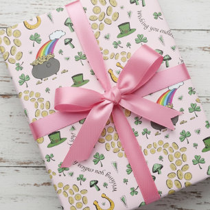Papel De Presente Padrão de Trevo da Sorte Irlandês e Pote de Ouro