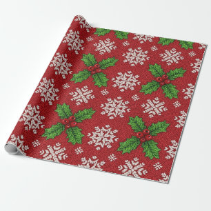 Papel De Presente Padrão de Tricô Festivo de Azevinho e Floco de Nev