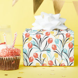 Papel De Presente Padrão de Tulipas Vibrante Design Floral em Branco