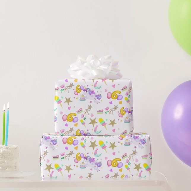 Papel De Presente Padrão de Unicórnio Branco de 6º Aniversário (Presentes para festas)