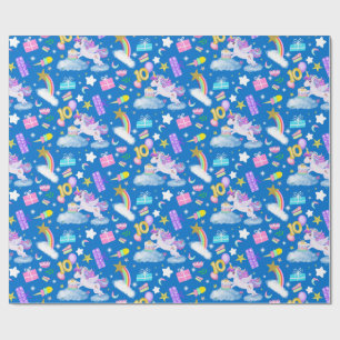 Papel De Presente Padrão de Unicórnio de Aniversário de 10 Anos Azul