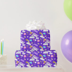 Papel De Presente Padrão de Unicórnio de Aniversário de 9 Anos Roxo 