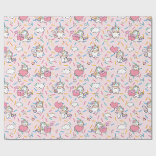 Papel De Presente Padrão de Unicórnio Kawaii e Corações em Rosa