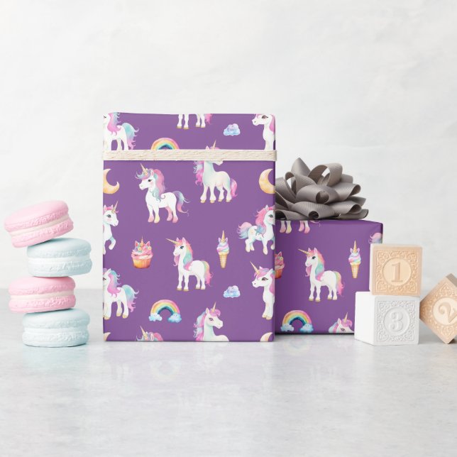 Papel De Presente Padrão de Unicórnio Roxo (Chá de bebê)
