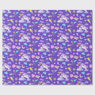 Papel De Presente Padrão de Unicórnio Roxo de 7º Aniversário