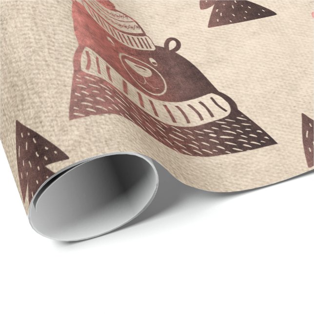 Papel De Presente Padrão de urso de árvore de Natal rosa de cobre (Ponta do rolo)