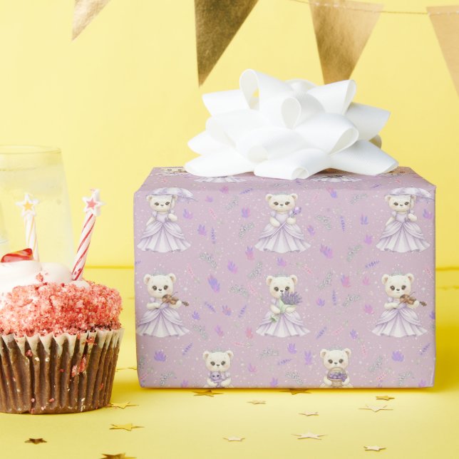 Papel De Presente Padrão de Urso Princesa Lavanda Fofa (Festa de aniversário)
