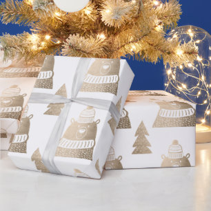 Papel De Presente Padrão de ursos de árvore de Natal de rosa bonit