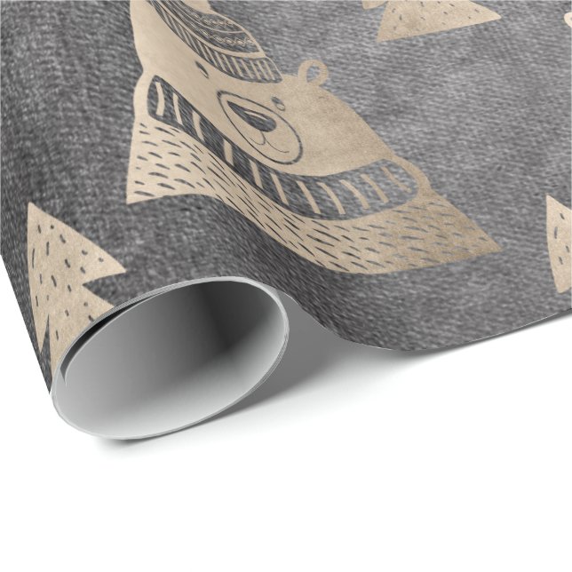 Papel De Presente Padrão de ursos de árvore de Natal de rosa bonito (Ponta do rolo)