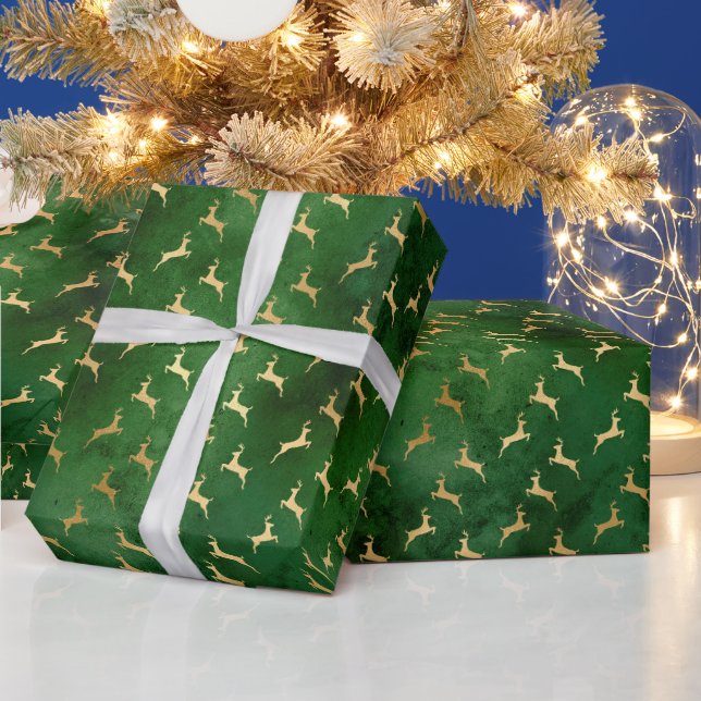 Papel De Presente Padrão de Veado de Natal Verde Dourado (Feriados)