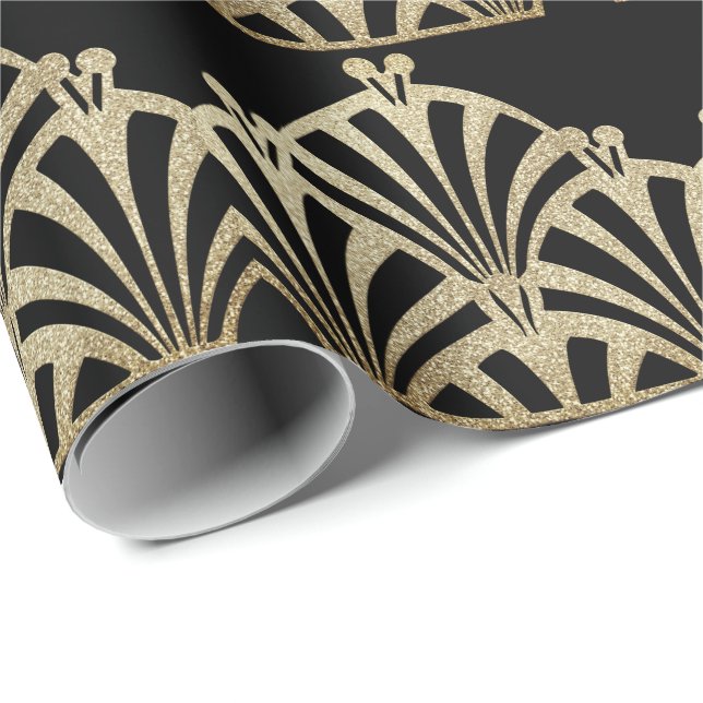 Papel De Presente Padrão de ventoinha Art deco bronze preto elegante (Ponta do rolo)
