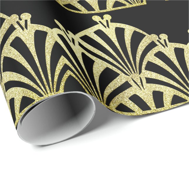 Papel De Presente Padrão de ventoinha Art deco ouro preto elegância (Ponta do rolo)
