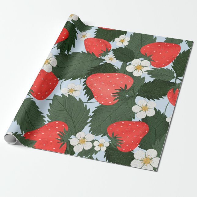 Papel De Presente Padrão de verão com morangos. Morangos lea (Desenrolado)