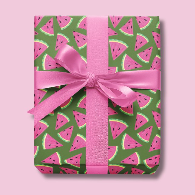 Papel De Presente Padrão de verão de melancia tropical (Watermelon wrapping paper on a olive green background)
