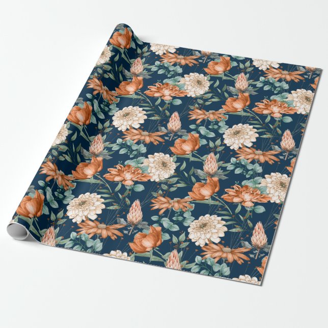Papel De Presente Padrão de Verde Floral Laranja Queimado (Desenrolado)