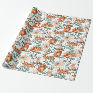 Papel De Presente Padrão de Verde Floral Laranja Queimado