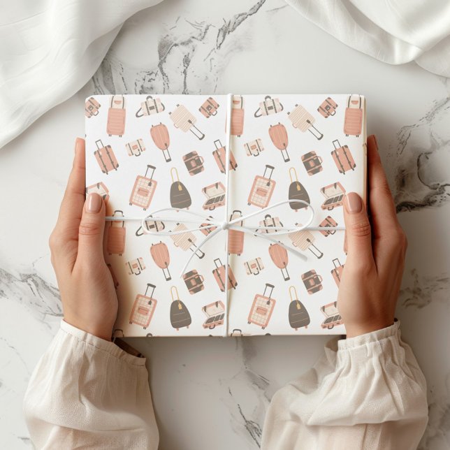 Papel De Presente Padrão de Viagem de mala de bagagem rosa e castanh (Criador carregado)