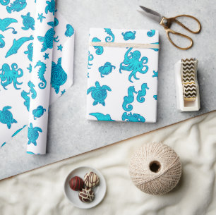 Papel De Presente Padrão de Vida Marinha Azul em Branco