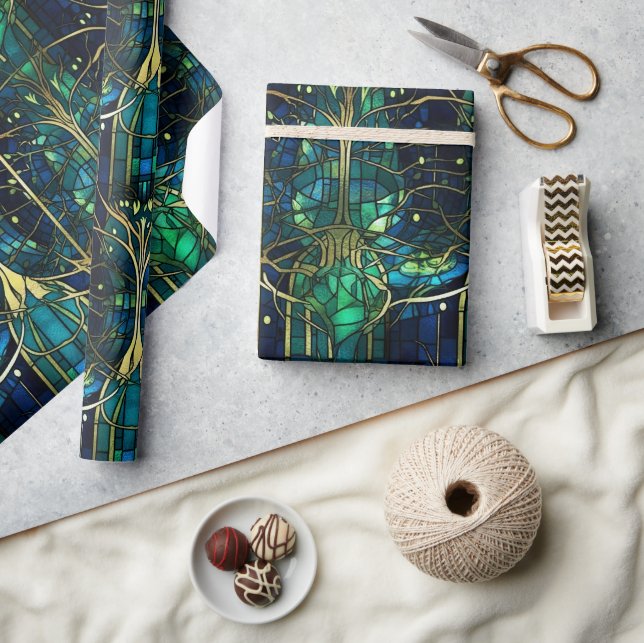 Papel De Presente Padrão de Vidro Colorido Árvore Celestial Verde Es (Artesanato)