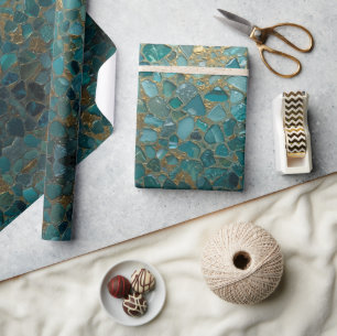 Papel De Presente Padrão de vidro do mar em aquarela mosaico dourado