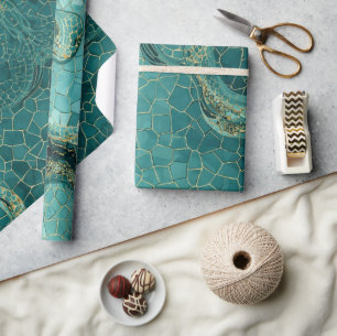 Papel De Presente Padrão de vidro do mar em mosaico dourado aqua tea