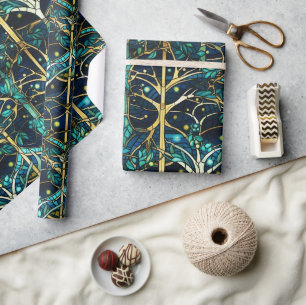 Papel De Presente Padrão de Vidro Pintado Falso de Floresta Verde Es
