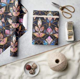 Papel De Presente Padrão de Vidro Pintado Falso de Lótus Rosa Elegan
