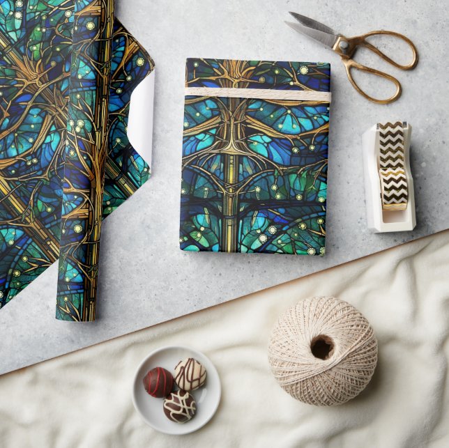 Papel De Presente Padrão de Vidro Pintado Falso Floresta Verde Esmer (Artesanato)