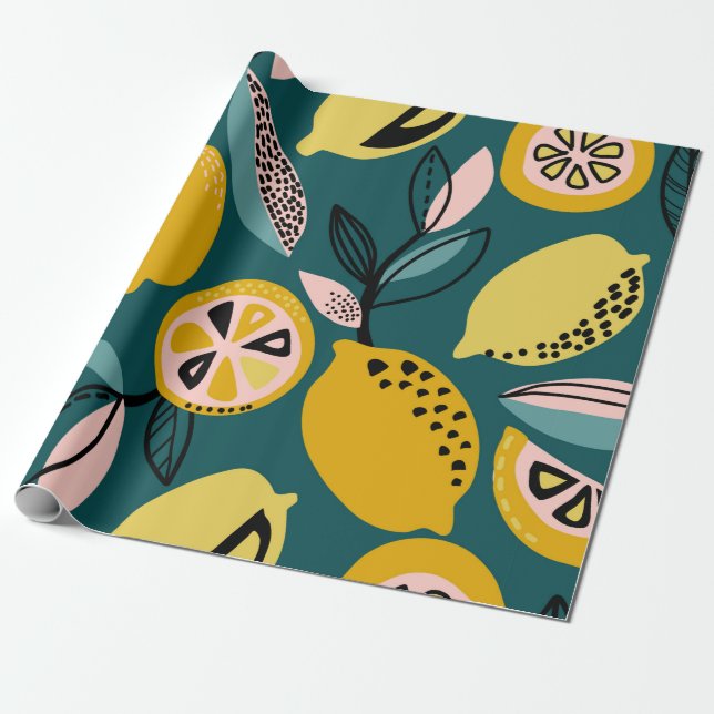 Papel De Presente Padrão de vindima sem costura com limões amarelos, (Desenrolado)